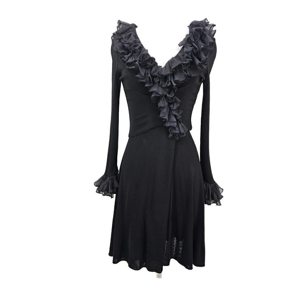 VTG Mr Blackwell Custom Black Dress Womens XS/S Ruffle Trim Surplice Skirt - Picture 1 of 10